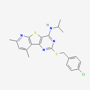 molecular formula C21H21ClN4S2 B2384802 N-{2-[(4-chlorobenzyl)sulfanyl]-7,9-dimethylpyrido[3',2':4,5]thieno[3,2-d]pyrimidin-4-yl}-N-isopropylamine CAS No. 478065-75-7