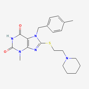 molecular formula C21H27N5O2S B2384890 3-Methyl-7-[(4-methylphenyl)methyl]-8-[2-(1-piperidinyl)ethylthio]purine-2,6-dione CAS No. 374771-03-6