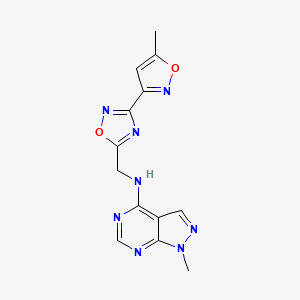 molecular formula C13H12N8O2 B2384900 1-methyl-N-((3-(5-methylisoxazol-3-yl)-1,2,4-oxadiazol-5-yl)methyl)-1H-pyrazolo[3,4-d]pyrimidin-4-amine CAS No. 2034466-88-9