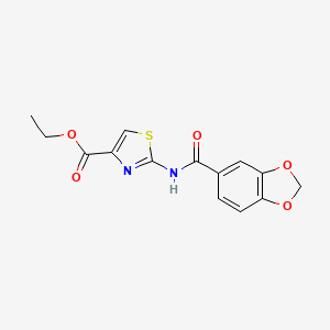 molecular formula C14H12N2O5S B2384968 Ethyl 2-(benzo[d][1,3]dioxole-5-carboxamido)thiazole-4-carboxylate CAS No. 921893-28-9