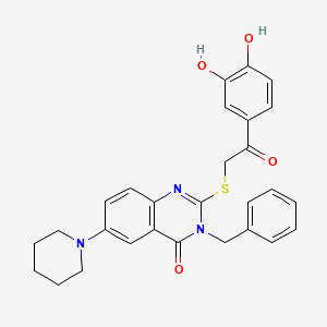 molecular formula C28H27N3O4S B2384972 3-Benzyl-2-[2-(3,4-dihydroxyphenyl)-2-oxoethyl]sulfanyl-6-piperidin-1-ylquinazolin-4-one CAS No. 689227-99-4