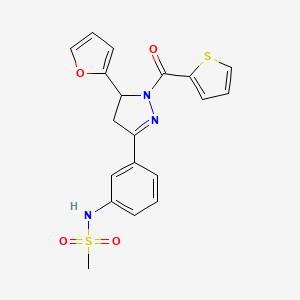 molecular formula C19H17N3O4S2 B2385027 N-[3-[3-(furan-2-yl)-2-(thiophene-2-carbonyl)-3,4-dihydropyrazol-5-yl]phenyl]methanesulfonamide CAS No. 838404-22-1