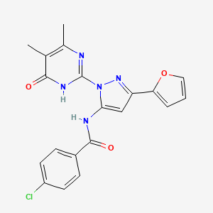 molecular formula C20H16ClN5O3 B2385068 4-chloro-N-(1-(4,5-dimethyl-6-oxo-1,6-dihydropyrimidin-2-yl)-3-(furan-2-yl)-1H-pyrazol-5-yl)benzamide CAS No. 1171628-44-6