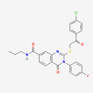 molecular formula C26H21ClFN3O3S B2385108 2-((2-(4-chlorophenyl)-2-oxoethyl)thio)-3-(4-fluorophenyl)-4-oxo-N-propyl-3,4-dihydroquinazoline-7-carboxamide CAS No. 1113136-97-2