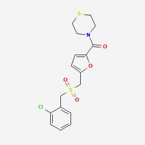 molecular formula C17H18ClNO4S2 B2385133 (5-(((2-Chlorobenzyl)sulfonyl)methyl)furan-2-yl)(thiomorpholino)methanone CAS No. 1448134-95-9
