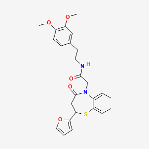 molecular formula C25H26N2O5S B2385151 N-(3,4-dimethoxyphenethyl)-2-(2-(furan-2-yl)-4-oxo-3,4-dihydrobenzo[b][1,4]thiazepin-5(2H)-yl)acetamide CAS No. 863005-28-1