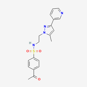 molecular formula C19H20N4O3S B2385166 4-acetyl-N-(2-(5-methyl-3-(pyridin-3-yl)-1H-pyrazol-1-yl)ethyl)benzenesulfonamide CAS No. 2034325-20-5