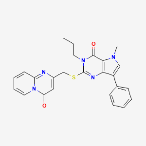 molecular formula C25H23N5O2S B2385196 2-(((5-methyl-4-oxo-7-phenyl-3-propyl-4,5-dihydro-3H-pyrrolo[3,2-d]pyrimidin-2-yl)thio)methyl)-4H-pyrido[1,2-a]pyrimidin-4-one CAS No. 1111999-10-0
