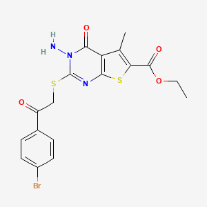 molecular formula C18H16BrN3O4S2 B2385200 Ethyl 3-amino-2-[2-(4-bromophenyl)-2-oxoethyl]sulfanyl-5-methyl-4-oxothieno[2,3-d]pyrimidine-6-carboxylate CAS No. 865655-28-3