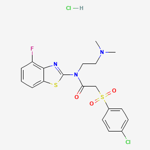 molecular formula C19H20Cl2FN3O3S2 B2385244 2-((4-氯苯基)磺酰基)-N-(2-(二甲氨基)乙基)-N-(4-氟苯并[d]噻唑-2-基)乙酰胺盐酸盐 CAS No. 1216812-73-5