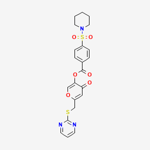 B2385293 4-oxo-6-((pyrimidin-2-ylthio)methyl)-4H-pyran-3-yl 4-(piperidin-1-ylsulfonyl)benzoate CAS No. 877637-71-3