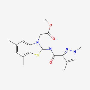 molecular formula C18H20N4O3S B2385436 (E)-methyl 2-(2-((1,4-dimethyl-1H-pyrazole-3-carbonyl)imino)-5,7-dimethylbenzo[d]thiazol-3(2H)-yl)acetate CAS No. 1207061-78-6