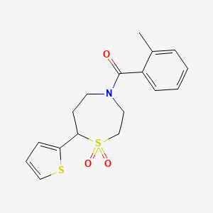 molecular formula C17H19NO3S2 B2385503 (1,1-Dioxido-7-(thiophen-2-yl)-1,4-thiazepan-4-yl)(o-tolyl)methanone CAS No. 2034334-34-2