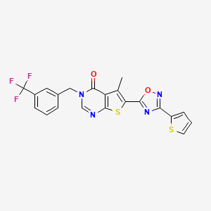 molecular formula C21H13F3N4O2S2 B2385569 5-methyl-6-[3-(thiophen-2-yl)-1,2,4-oxadiazol-5-yl]-3-[3-(trifluoromethyl)benzyl]thieno[2,3-d]pyrimidin-4(3H)-one CAS No. 1326868-83-0