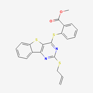 molecular formula C21H16N2O2S3 B2385570 Methyl 2-{[2-(allylsulfanyl)[1]benzothieno[3,2-d]pyrimidin-4-yl]sulfanyl}benzenecarboxylate CAS No. 478030-03-4