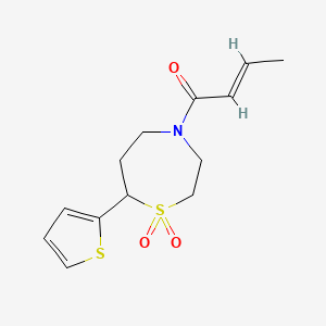 molecular formula C13H17NO3S2 B2385575 (E)-1-(1,1-dioxido-7-(thiophen-2-yl)-1,4-thiazepan-4-yl)but-2-en-1-one CAS No. 2035021-99-7