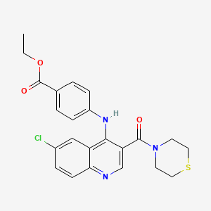 molecular formula C23H22ClN3O3S B2385589 Ethyl 4-((6-chloro-3-(thiomorpholine-4-carbonyl)quinolin-4-yl)amino)benzoate CAS No. 1358984-36-7