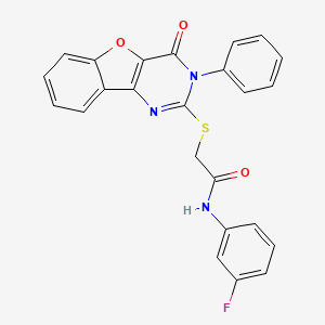 molecular formula C24H16FN3O3S B2385617 N-(3-氟苯基)-2-((4-氧代-3-苯基-3,4-二氢苯并呋喃[3,2-d]嘧啶-2-基)硫代)乙酰胺 CAS No. 902933-42-0