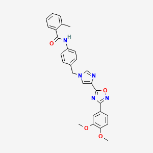 molecular formula C28H25N5O4 B2385622 N-(4-((4-(3-(3,4-dimethoxyphenyl)-1,2,4-oxadiazol-5-yl)-1H-imidazol-1-yl)methyl)phenyl)-2-methylbenzamide CAS No. 1111035-37-0