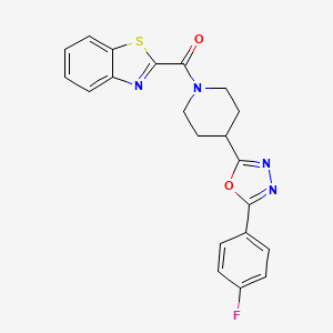 molecular formula C21H17FN4O2S B2385639 Benzo[d]thiazol-2-yl(4-(5-(4-fluorophenyl)-1,3,4-oxadiazol-2-yl)piperidin-1-yl)methanone CAS No. 1208368-77-7