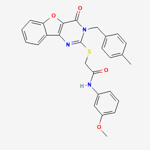 molecular formula C27H23N3O4S B2385705 N-(3-methoxyphenyl)-2-[[3-[(4-methylphenyl)methyl]-4-oxo-[1]benzofuro[3,2-d]pyrimidin-2-yl]sulfanyl]acetamide CAS No. 866846-08-4