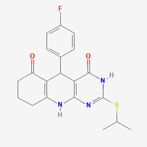 molecular formula C20H20FN3O2S B2385713 5-(4-fluorophenyl)-2-(isopropylthio)-7,8,9,10-tetrahydropyrimido[4,5-b]quinoline-4,6(3H,5H)-dione CAS No. 627046-24-6