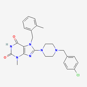 molecular formula C25H27ClN6O2 B2385752 8-(4-(4-chlorobenzyl)piperazin-1-yl)-3-methyl-7-(2-methylbenzyl)-1H-purine-2,6(3H,7H)-dione CAS No. 886907-79-5