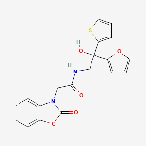 molecular formula C19H16N2O5S B2385837 N-(2-(呋喃-2-基)-2-羟基-2-(噻吩-2-基)乙基)-2-(2-氧代苯并[d]恶唑-3(2H)-基)乙酰胺 CAS No. 2034484-44-9