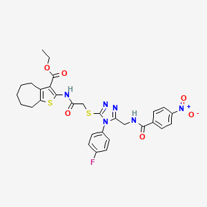 molecular formula C30H29FN6O6S2 B2385906 ethyl 2-[[2-[[4-(4-fluorophenyl)-5-[[(4-nitrobenzoyl)amino]methyl]-1,2,4-triazol-3-yl]sulfanyl]acetyl]amino]-5,6,7,8-tetrahydro-4H-cyclohepta[b]thiophene-3-carboxylate CAS No. 393848-54-9