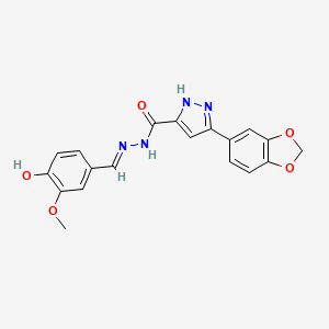 molecular formula C19H16N4O5 B2385953 (E)-3-(苯并[d][1,3]二氧杂环-5-基)-N'-(4-羟基-3-甲氧基苄叉)-1H-吡唑-5-甲酰肼 CAS No. 1285682-78-1