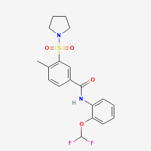 molecular formula C19H20F2N2O4S B2385967 N-(2-(difluoromethoxy)phenyl)-4-methyl-3-(pyrrolidin-1-ylsulfonyl)benzamide CAS No. 887198-80-3