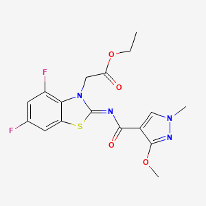 molecular formula C17H16F2N4O4S B2386054 (Z)-ethyl 2-(4,6-difluoro-2-((3-methoxy-1-methyl-1H-pyrazole-4-carbonyl)imino)benzo[d]thiazol-3(2H)-yl)acetate CAS No. 1173478-77-7
