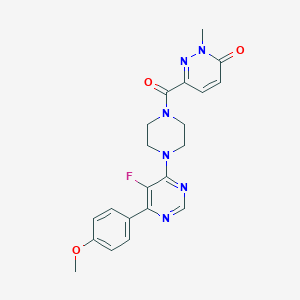 molecular formula C21H21FN6O3 B2386068 6-[4-[5-Fluoro-6-(4-methoxyphenyl)pyrimidin-4-yl]piperazine-1-carbonyl]-2-methylpyridazin-3-one CAS No. 2380188-62-3