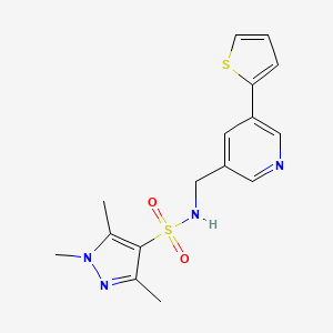 molecular formula C16H18N4O2S2 B2386179 1,3,5-trimethyl-N-((5-(thiophen-2-yl)pyridin-3-yl)methyl)-1H-pyrazole-4-sulfonamide CAS No. 1904163-75-2