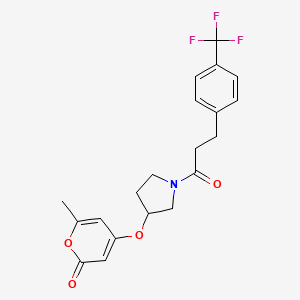 molecular formula C20H20F3NO4 B2386185 6-methyl-4-((1-(3-(4-(trifluoromethyl)phenyl)propanoyl)pyrrolidin-3-yl)oxy)-2H-pyran-2-one CAS No. 1795423-45-8