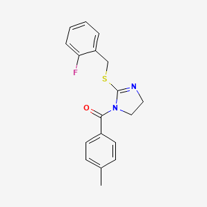 molecular formula C18H17FN2OS B2386188 (2-((2-fluorobenzyl)thio)-4,5-dihydro-1H-imidazol-1-yl)(p-tolyl)methanone CAS No. 851806-72-9