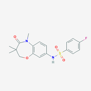 molecular formula C18H19FN2O4S B2386192 4-fluoro-N-(3,3,5-trimethyl-4-oxo-2,3,4,5-tetrahydrobenzo[b][1,4]oxazepin-8-yl)benzenesulfonamide CAS No. 922093-16-1