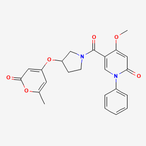 molecular formula C23H22N2O6 B2386196 4-methoxy-5-(3-((6-methyl-2-oxo-2H-pyran-4-yl)oxy)pyrrolidine-1-carbonyl)-1-phenylpyridin-2(1H)-one CAS No. 1706223-53-1