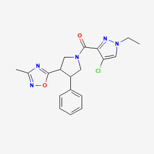 molecular formula C19H20ClN5O2 B2386202 (4-chloro-1-ethyl-1H-pyrazol-3-yl)(3-(3-methyl-1,2,4-oxadiazol-5-yl)-4-phenylpyrrolidin-1-yl)methanone CAS No. 1904186-17-9