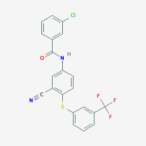 molecular formula C21H12ClF3N2OS B2386283 3-chloro-N-(3-cyano-4-{[3-(trifluoromethyl)phenyl]sulfanyl}phenyl)benzenecarboxamide CAS No. 477866-68-5