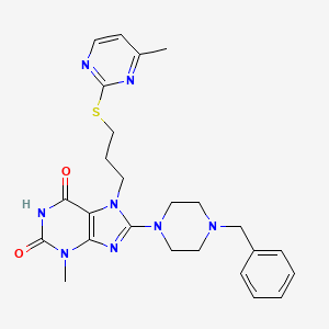 molecular formula C25H30N8O2S B2386287 8-(4-Benzylpiperazin-1-yl)-3-methyl-7-[3-(4-methylpyrimidin-2-yl)sulfanylpropyl]purine-2,6-dione CAS No. 676155-87-6