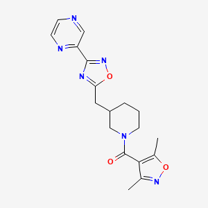 molecular formula C18H20N6O3 B2386336 (3,5-Dimethylisoxazol-4-yl)(3-((3-(pyrazin-2-yl)-1,2,4-oxadiazol-5-yl)methyl)piperidin-1-yl)methanone CAS No. 1705743-57-2