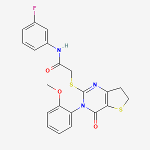molecular formula C21H18FN3O3S2 B2386340 N-(3-fluorophenyl)-2-[[3-(2-methoxyphenyl)-4-oxo-6,7-dihydrothieno[3,2-d]pyrimidin-2-yl]sulfanyl]acetamide CAS No. 686772-21-4