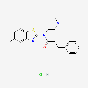 molecular formula C22H28ClN3OS B2386358 N-(2-(dimethylamino)ethyl)-N-(5,7-dimethylbenzo[d]thiazol-2-yl)-3-phenylpropanamide hydrochloride CAS No. 1215784-48-7