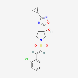 molecular formula C17H18ClN3O4S B2386359 1-[(E)-2-(2-Chlorophenyl)ethenyl]sulfonyl-3-(3-cyclopropyl-1,2,4-oxadiazol-5-yl)pyrrolidin-3-ol CAS No. 2111909-45-4