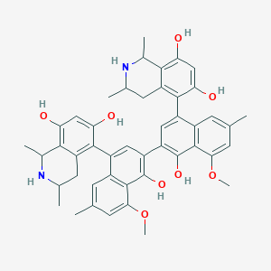 molecular formula C46H48N2O8 B238638 5-[3-[4-(6,8-Dihydroxy-1,3-dimethyl-1,2,3,4-tetrahydroisoquinolin-5-yl)-1-hydroxy-8-methoxy-6-methylnaphthalen-2-yl]-4-hydroxy-5-methoxy-7-methylnaphthalen-1-yl]-1,3-dimethyl-1,2,3,4-tetrahydroisoquinoline-6,8-diol CAS No. 137793-81-8