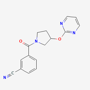 molecular formula C16H14N4O2 B2386484 3-(3-(Pyrimidin-2-yloxy)pyrrolidine-1-carbonyl)benzonitrile CAS No. 2034577-51-8