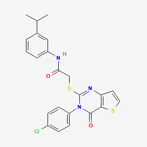 molecular formula C23H20ClN3O2S2 B2386504 2-{[3-(4-chlorophenyl)-4-oxo-3,4-dihydrothieno[3,2-d]pyrimidin-2-yl]sulfanyl}-N-[3-(propan-2-yl)phenyl]acetamide CAS No. 1261018-33-0