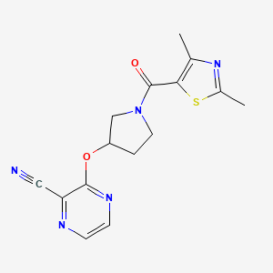molecular formula C15H15N5O2S B2386505 3-((1-(2,4-Dimethylthiazole-5-carbonyl)pyrrolidin-3-yl)oxy)pyrazine-2-carbonitrile CAS No. 2034252-18-9