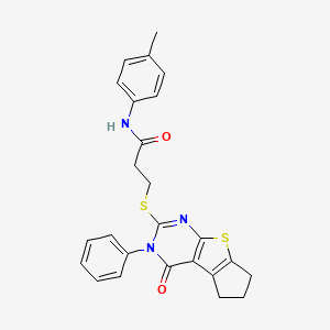 molecular formula C25H23N3O2S2 B2386512 3-((4-oxo-3-phenyl-4,5,6,7-tetrahydro-3H-cyclopenta[4,5]thieno[2,3-d]pyrimidin-2-yl)thio)-N-(p-tolyl)propanamide CAS No. 670273-15-1